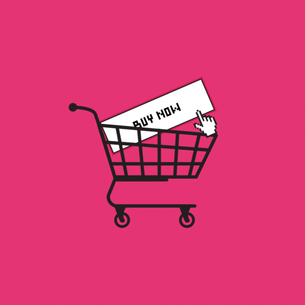 Buy now note in shopping cart on pink background