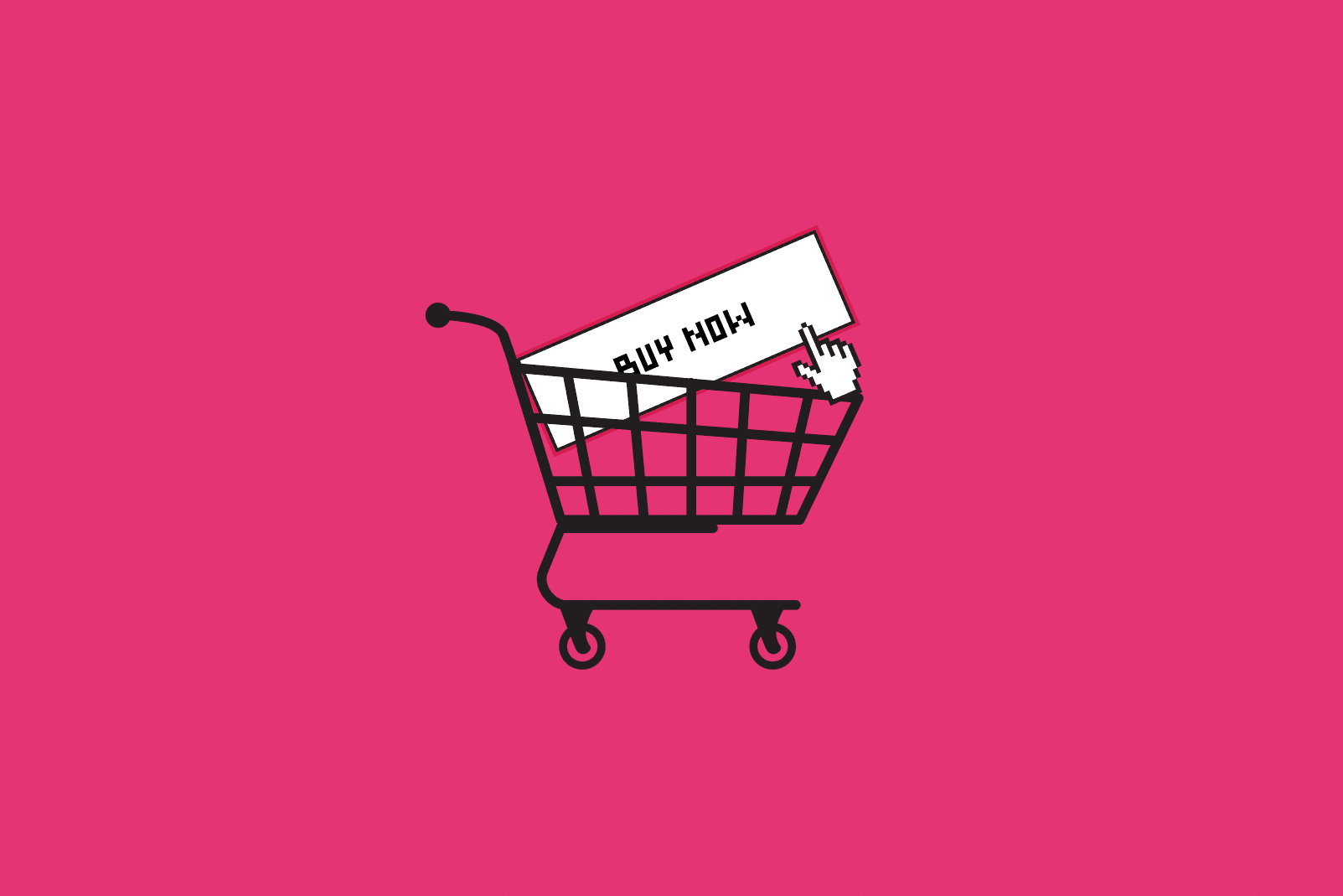 Buy now note in shopping cart on pink background