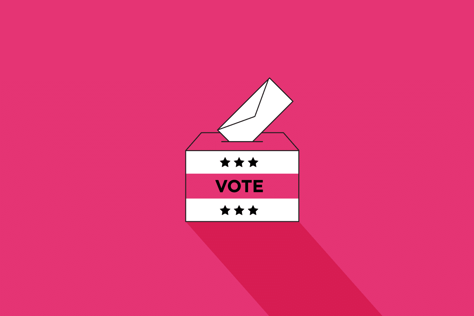 box that says vote with envelope going into it on a pink background